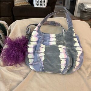 B. Makowsky Tie Dye Leather Mini Satchel Tote Bag Purple Fur Accent
